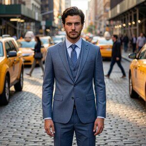 New 2026 Mens 3pc Sharkskin Ocean Blue Suit Set, Hybrid Fit (H1)